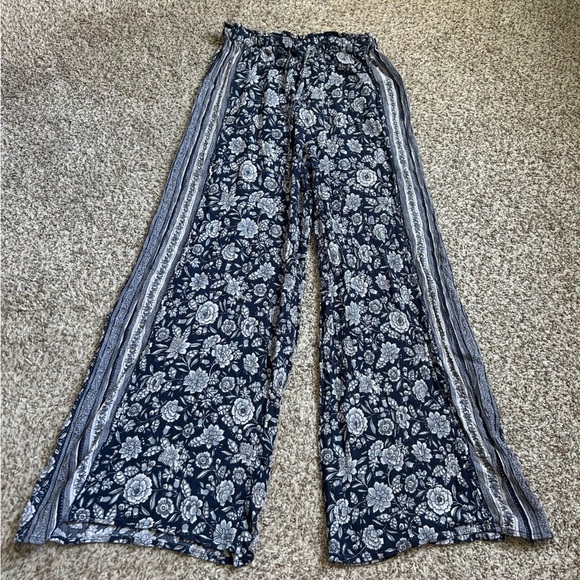 American Eagle Outfitters Floral Wide Leg Pants Blue White Comfy Stretch Boho - Picture 1 of 7